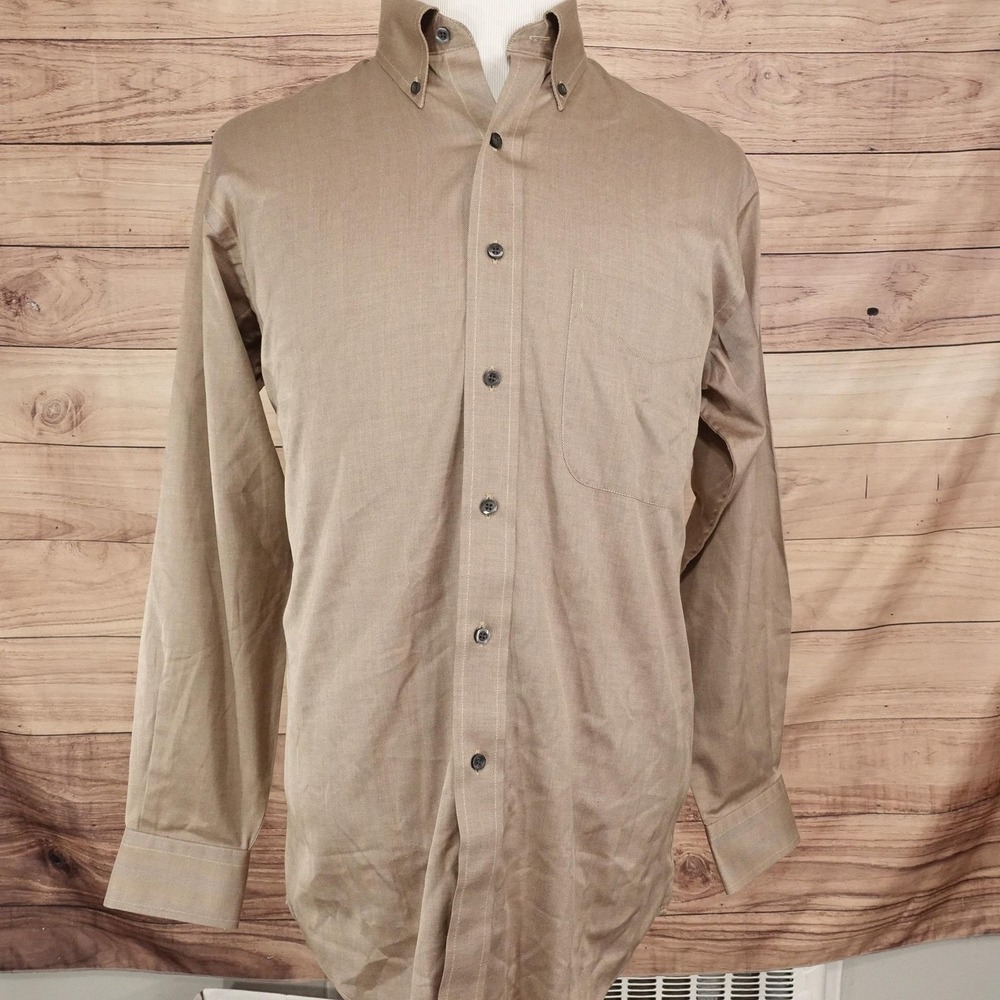 Jos. A. Bank Shirt Mens M Beige Herringbone Long Sleeve Button-Up Cotton Pocket - Picture 3 of 7